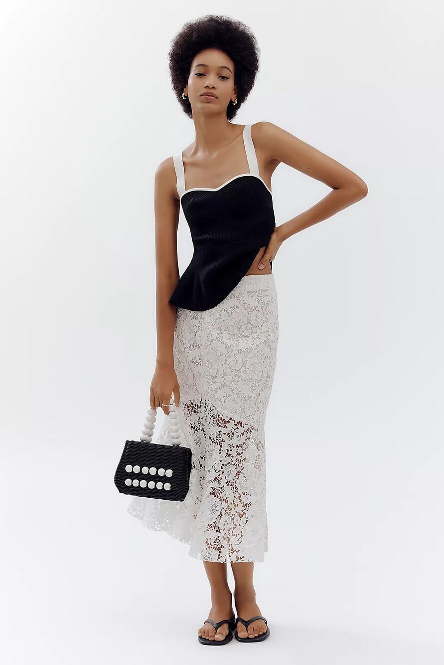 NWT Anthropologie Avec Les Filles Flared Lace Floral Midi Skirt $148 Sz 6 White